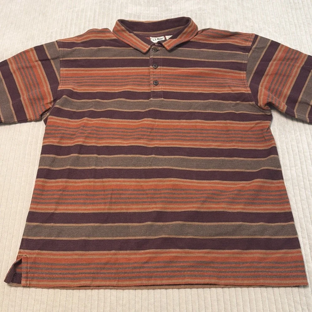 L.L. Bean Rugby Shirt Mens Large Orange  Red Stripe Long Sleeve Cotton Classic